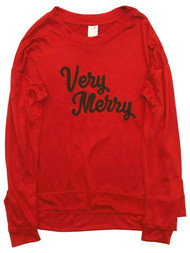 Womens Soft Red Very Merry Christmas Holiday Pajama Sleep Top Sweatshirt