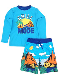 Boys Blue Volcano Chill Mode Swim Trunks & Rash Guard Set Board Shorts