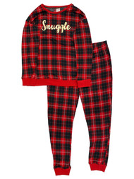 Womens Silky Red Buffalo Plaid Snuggle Holiday Jogger Pajamas Sleep Set