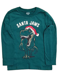 Jumping Bean Boys Green Santa Jaws Long Sleeve Christmas Holiday Tee Shirt