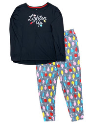 Womens Silky Black & Gray Lighten Up Holiday Jogger Pajamas Sleep Set Medium