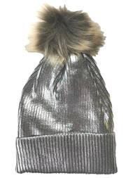 Womens Metallic Silver Pom Beanie Cuffed Stocking Cap Hat