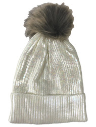 Womens Metallic Shimmer Winter White Pom Beanie Cuffed Stocking Cap Hat