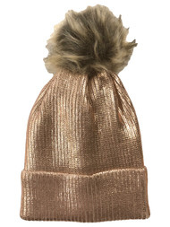 Womens Metallic Pink Rose Gold Pom Beanie Cuffed Stocking Cap Hat