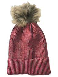 Womens Metallic Burgundy Red Pom Beanie Cuffed Stocking Cap Hat