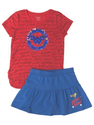 DC Comics Girls Red Sequin Wonder Woman Outfit Tee & Skort Skirt Set