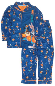 Space Jam Boys Blue Flannel Bugs Bunny Pajamas Shirt Sleep Pants Set