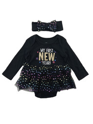 Infant Girls Black Polka Dot My First New Year Tutu Bodysuit With Bow