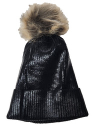 Womens Metallic Black Pom Beanie Cuffed Stocking Cap Hat