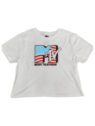 Junior Womens Ivory Music Television Semi Crop Tee Shirt T-shirt