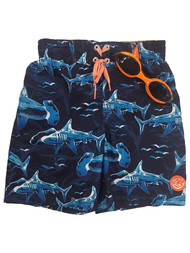Zero Xposur Boys Navy Blue Shark Swim Trunks Board Shorts & Goggles Set