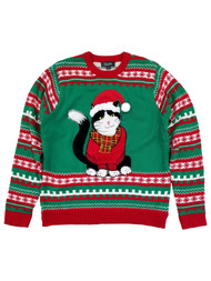 Mens Green X-Mas Cat Santa Hat Fair Isle Holiday Christmas Sweater