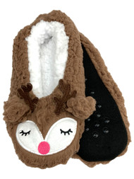 Womens Plush Brown Sherpa Holiday Reindeer Ballet Slippers House Shoes OSFM