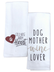 Mabelle Collection Dog Mother Wine Lover Kitchen Towel Set, 2 Cotton Dish Towels