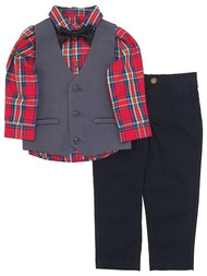 Infant & Toddler Boys Dress Up Suit Pants Red Plaid Shirt Bow Tie Outfit