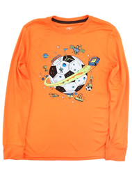 Athletic Works Boys Silky Long Sleeved Orange Soccer Ball Space Tee Shirt