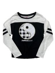 Justice Sport Girls Black & White Peace Sign Long Sleeve Knotted Shirt
