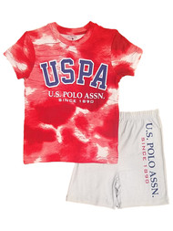 USPA Boys Red Polo Association Tie Dye Outfit Tee Shirt & Shorts Set