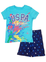 USPA Boys Teal Polo Association Paint Splatter Tee Shirt & Shorts Set
