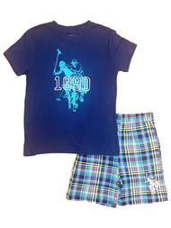 USPA Boys Navy Blue Polo Association Tee Shirt & Plaid Shorts Set
