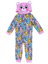 Girls Care Bears Pink Love-A-Lot Bear Zip Up Hooded Union Suit Pajamas