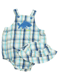 First Moments Infant Boys Blue Plaid Overall Shorts Matching Plaid Bucket Hat 3m