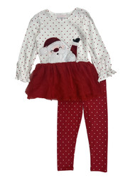 Girls White & Red Dot Santa Claus Dress Shirt & Leggings Christmas Outfit
