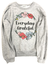 Junior Womens Gray Everyday Grateful Floral Sweat Shirt Sweatshirt