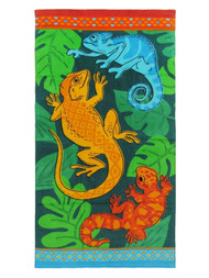 Kids Colorful Lizards Cotton Beach Towel, 28x58 Green & Orange