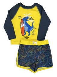 Infant & Toddler Boys Yellow & Navy Dinosaur Rash Guard & Swim Trunks Set