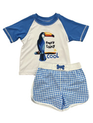 Toddler Boy Blue & White Every Thing Is Cool Toucan Rash Guard & Swim Trunks