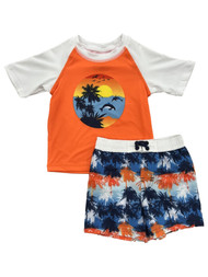 Infant & Toddler Boys Orange Ocean Sunset Theme Rash Guard & Swim Trunks Set