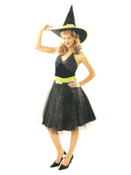 Womens Black Bedazzling Witch Costume 50s Style Dress & Hat One Size Fits Most