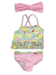 Infant Girls 2 Piece Pink Lemon Tankini Swimming Suit & Matching Headband