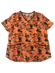 Womens Orange Happy Halloween Witch Themed Medical Smock Scrubs Shirt