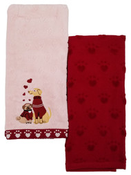 Valentines Day Puppy Dog & Hearts Kitchen Towels, Set of 2 Pink Red Dish Towels