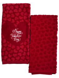 Happy Valentines Day Kitchen Towel with Red Hearts, Set of 2 Dish Towels