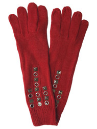 Bisou Bisou Womens Long Red Knit Gloves with Silver Studs & Grommets
