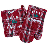 Merry Christmas Red Plaid Potholder Set, Kitchen Cooking Oven Mitt & Pot Holder