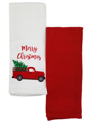 Merry Christmas Red Pickup Truck Kitchen Towel Set, 2 Cotton Dish Towels