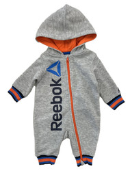 Reebok Infant Boys Gray Orange & Blue Zip Up Hooded Romper Outfit 12 Months