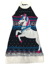 Womens Juniors Black Sparkle Unicorn Christmas Ugly Holiday Sweater Dress