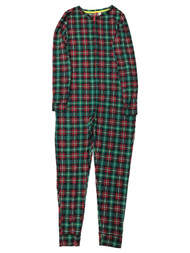 Junior Womens Lightweight Green & Red Plaid Union Suit Sleeper Pajamas