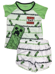 Girls Lightweight White & Green Minecraft Pajamas Shorts & Tee Sleep Set