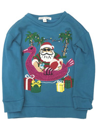 Girls Blue Sparkle Pink Flamingo Santa Christmas Holiday Sweatshirt XS (4-5)