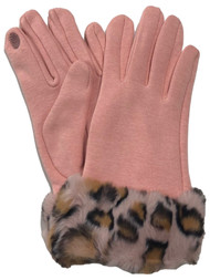 Womens Pink Leopard Print Faux Fur Stretch Fit Texting & Tech Touchscreen Gloves