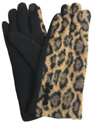 Womens Fuzzy Brown Leopard Print Stretch Fit Texting & Tech Touchscreen Gloves