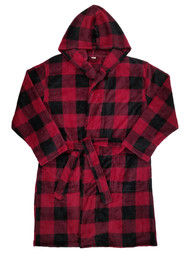 Mens Burgundy Buffalo Plaid Microfleece Robe House Coat Hooded Bathrobe XL-2XL