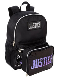 Justice Girls Black Sequin 17" Backpack & Lunch Bag 2 Piece Set, School Bookbag