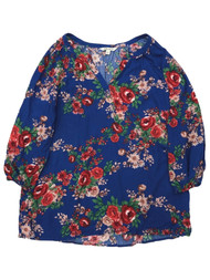 Pioneer Woman Womens Blue & Red Floral Rose Print Peasant Blouse Shirt